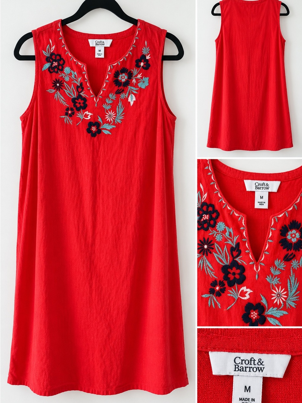 Croft & Barrow Red Embroidered Floral Sleeveless Shift Dress Size M